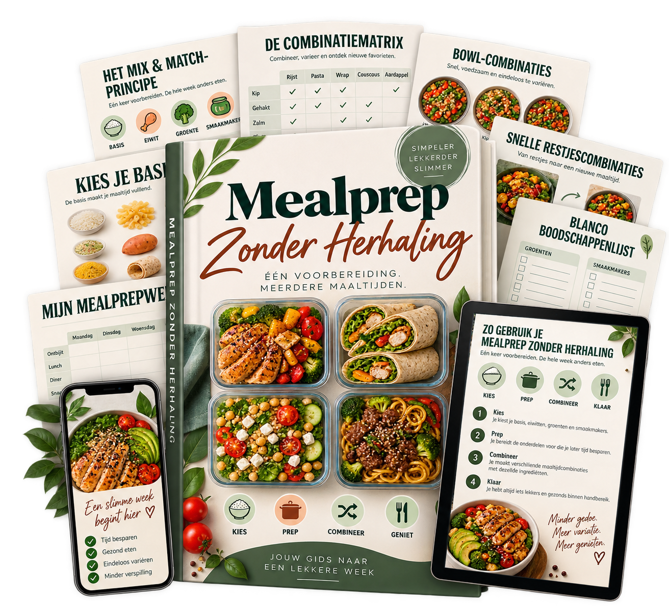 Mealprep Zonder Herhaling werkboek met werkbladen, telefoon en tablet